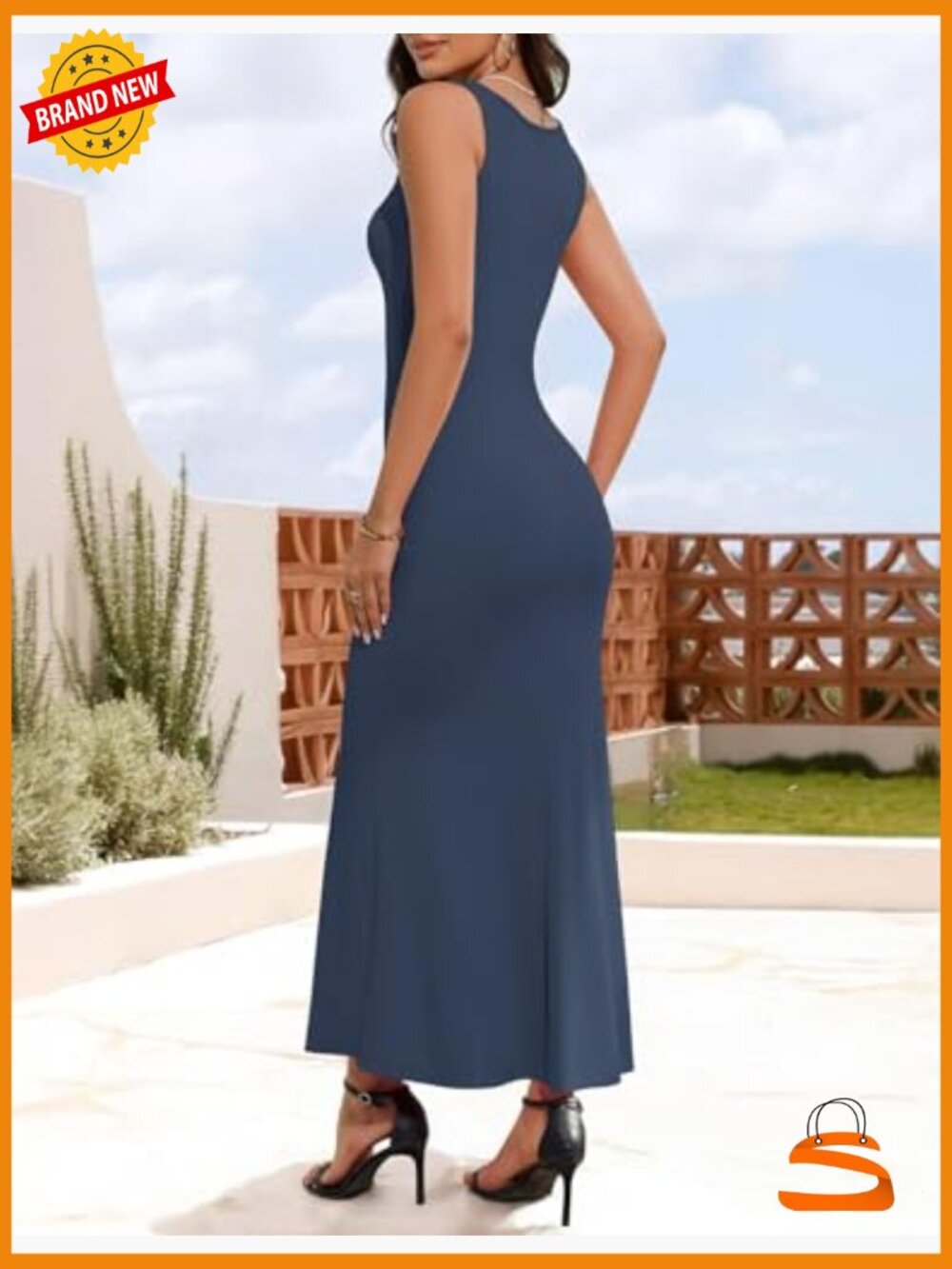 Sleeveless Square Neck Ribbed Bodycon Maxi Dress with High Slit - Picture 5 of 7